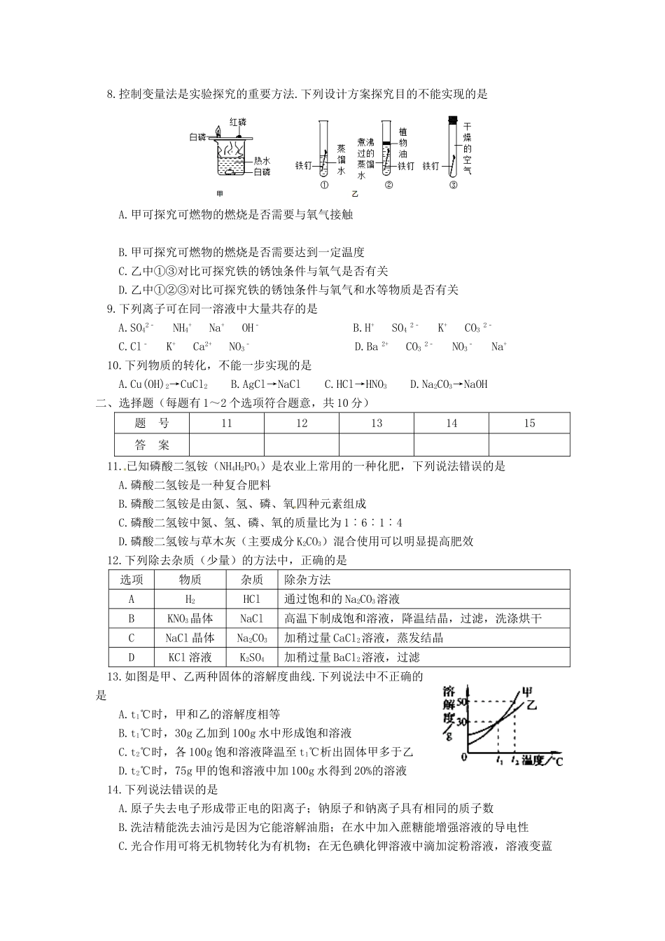 九年级化学4月月考试卷 沪教版试卷_第2页