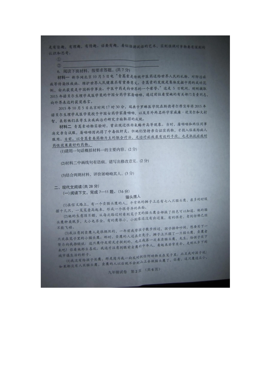 中考语文调研考试(焦作一模)试卷试卷_第2页