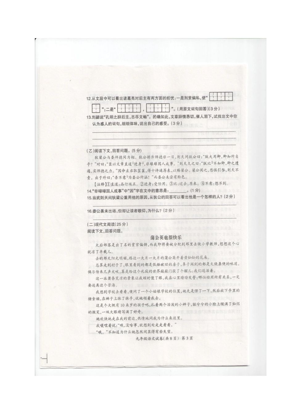 吉林省松原市宁江区届九年级语文上学期期末考试试卷 新人教版试卷_第3页