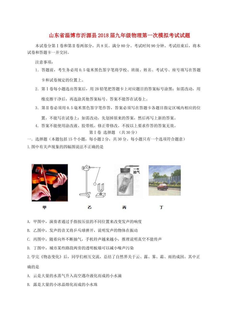 山东省淄博市沂源县九年级物理第一次模拟考试试卷_第1页