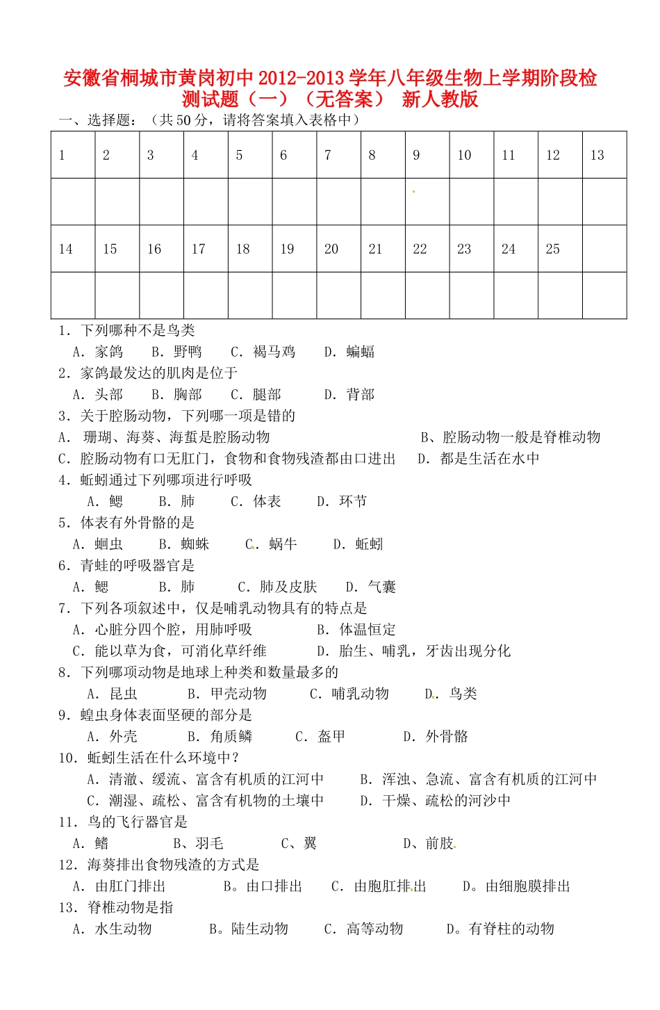 安徽省桐城市八年级生物上学期阶段检测试卷(一) 新人教版试卷_第1页