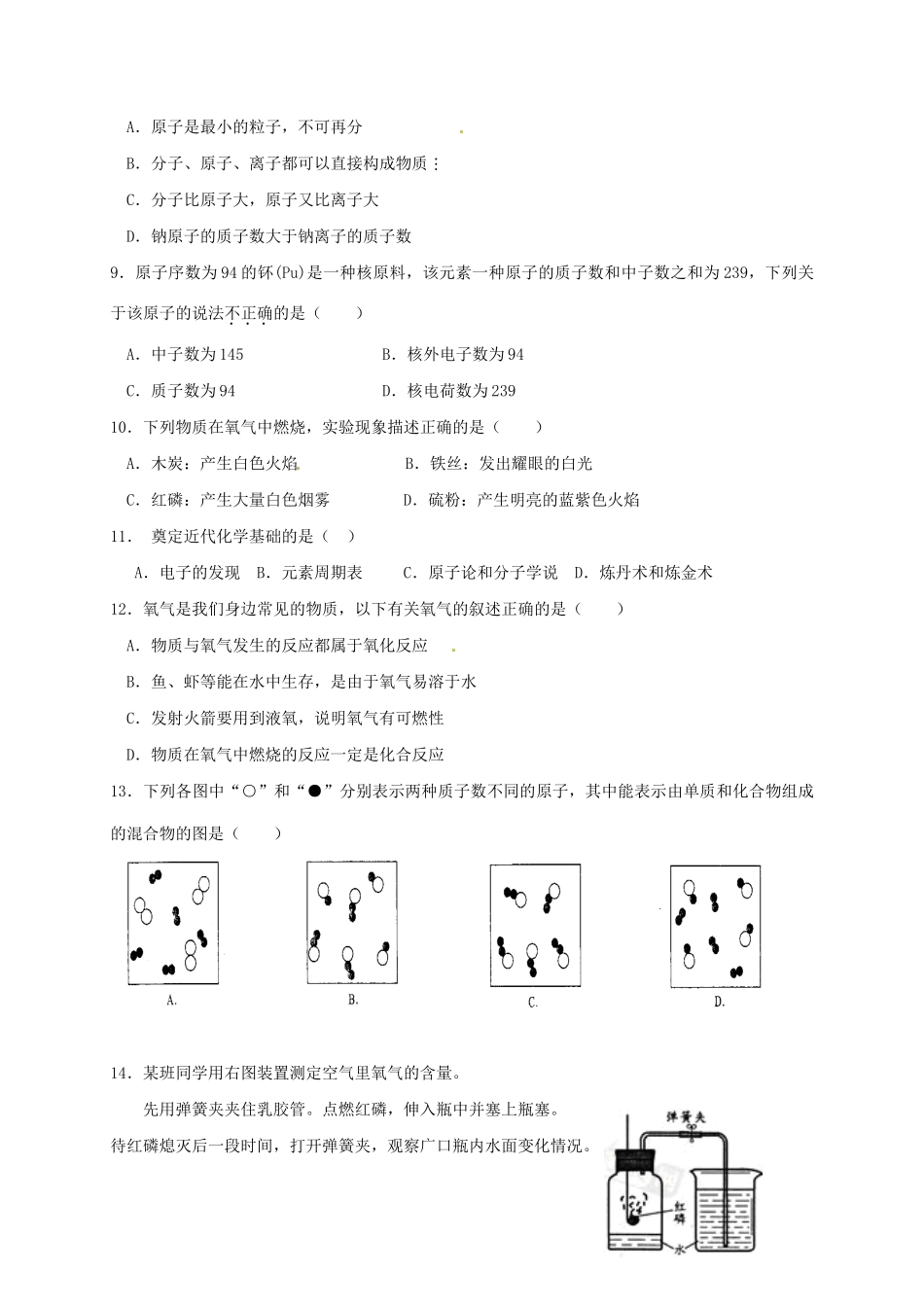 九年级化学上学期期中试卷(无答案) 沪教版试卷_第2页