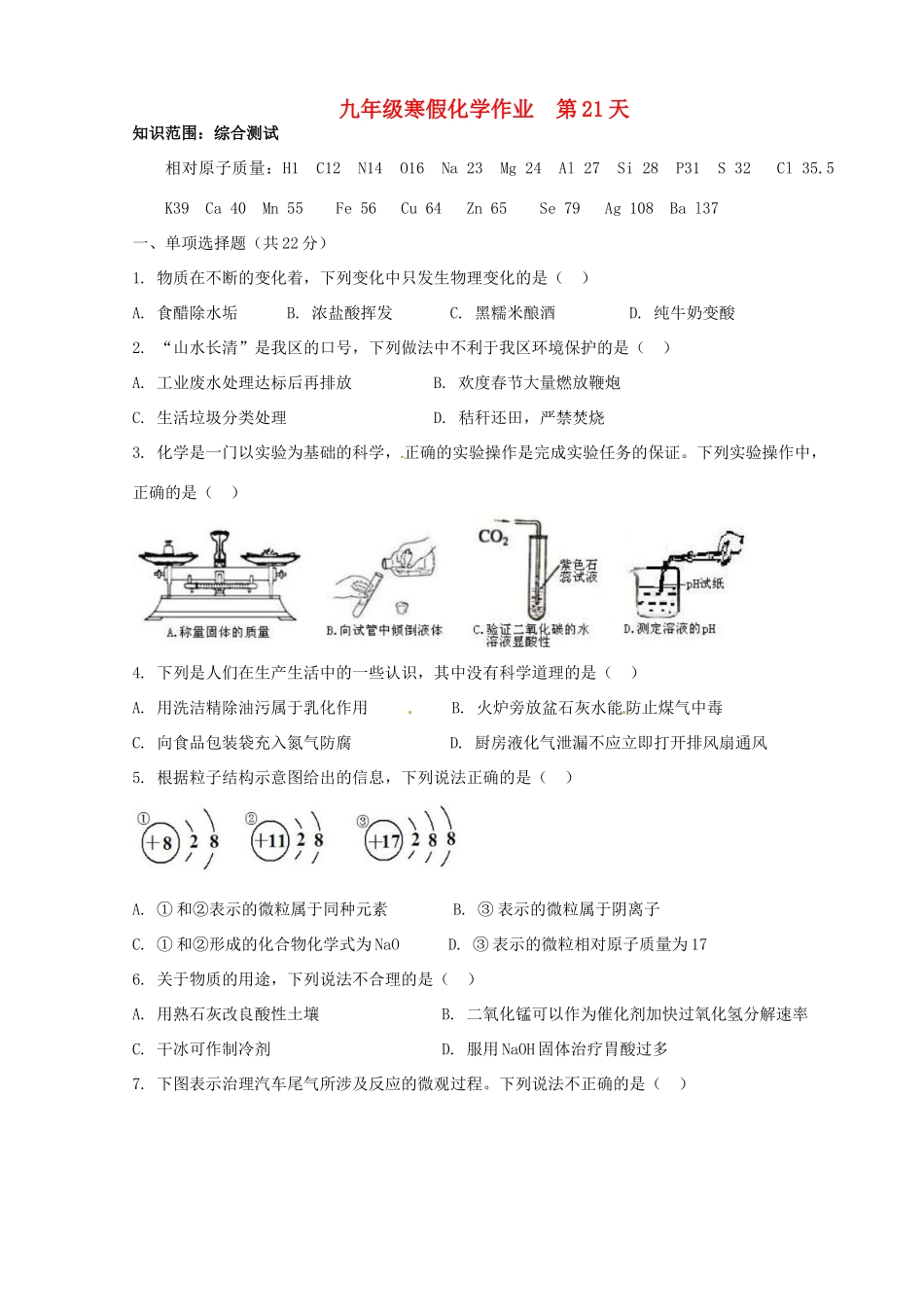 九年级化学上学期寒假作业 第21天 鲁教版试卷_第1页