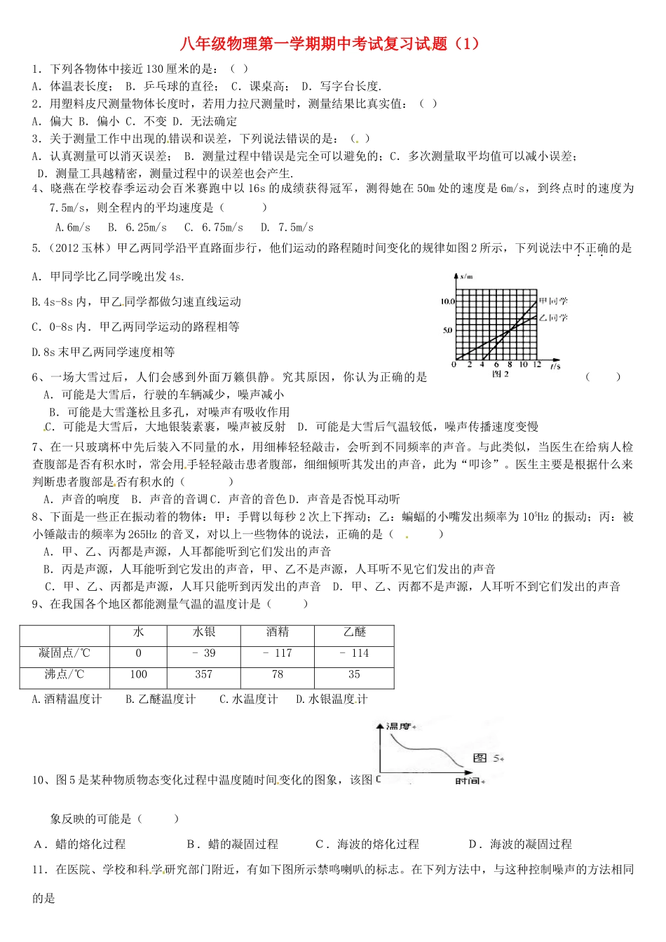 山东省滕州市八年级物理上学期期中复习试卷(1) 新人教版试卷_第1页