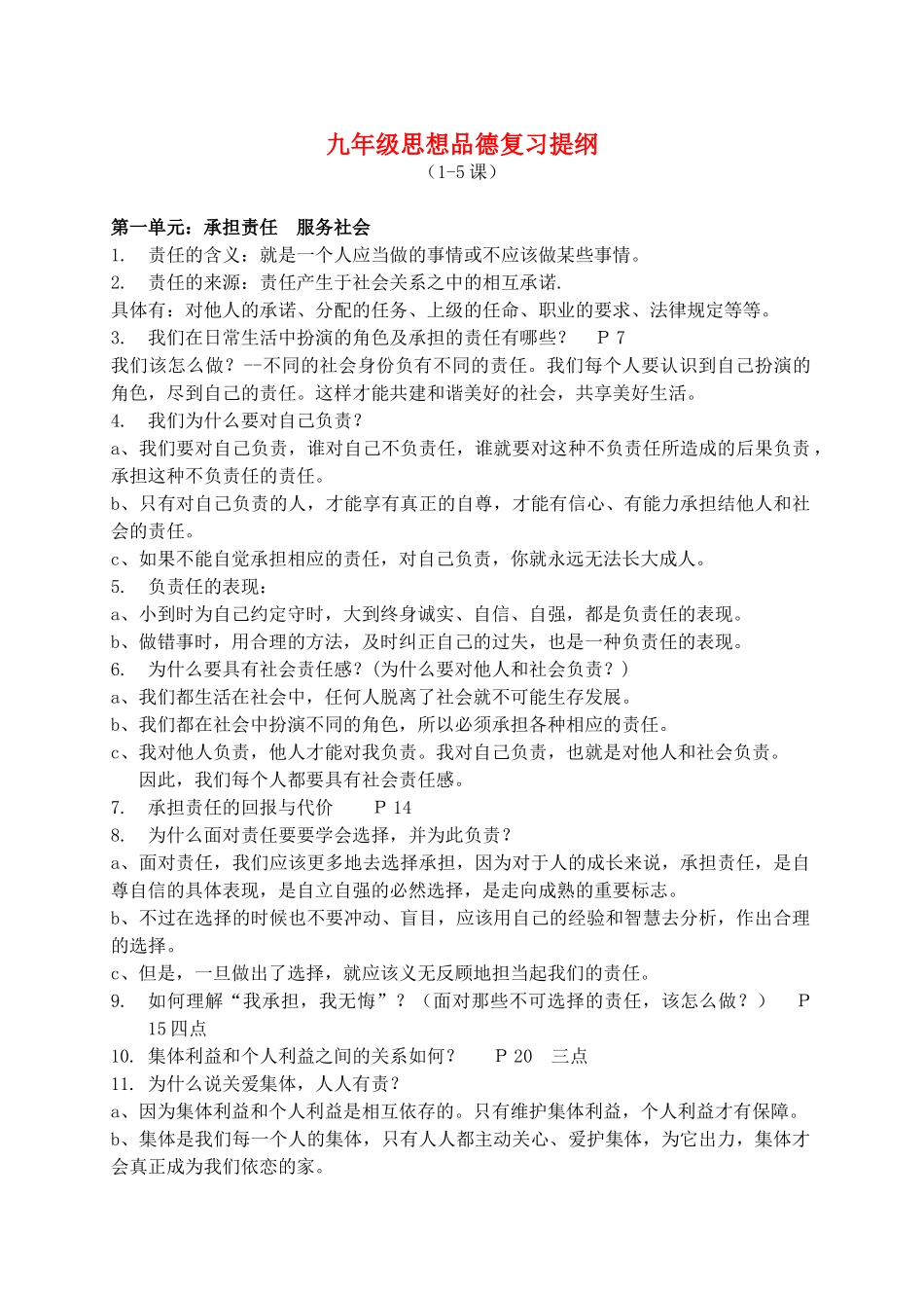 九年级政治 复习提纲整理1-5  人教版试卷_第1页