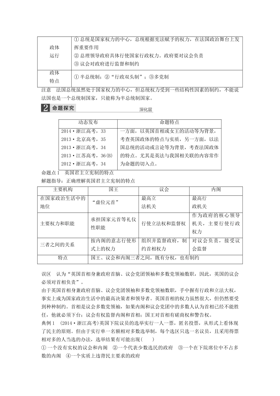 （江苏专用）高考政治大一轮复习 专题二 君主立宪制和民主共和制：以英国和法国为例考点整合 新人教版选修3-新人教版高三选修3政治试题_第2页
