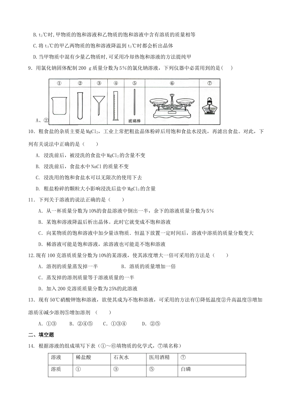 九年级化学下册(第九章 溶液)单元综合测试3 新人教版试卷_第2页