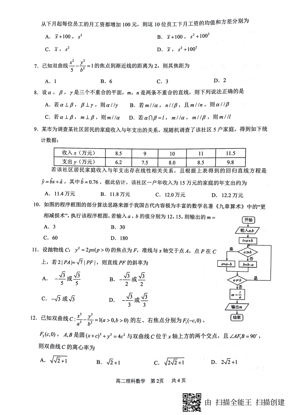 四川省泸州市 高二数学上学期期末统一考试试卷 理(PDF，无答案)试卷_第2页