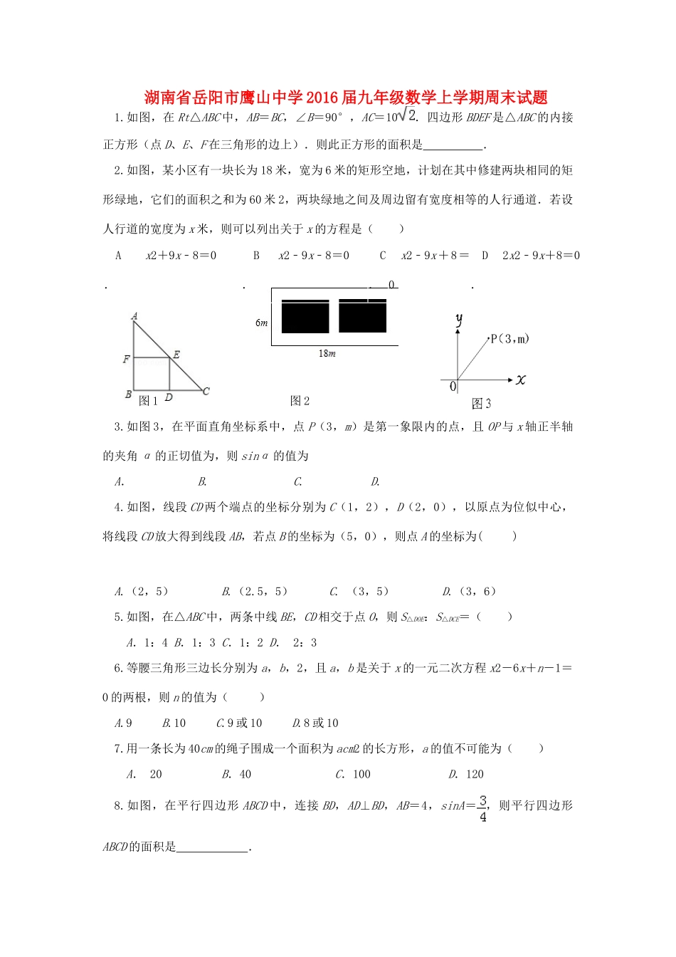 九年级数学上学期周末试卷试卷_第1页