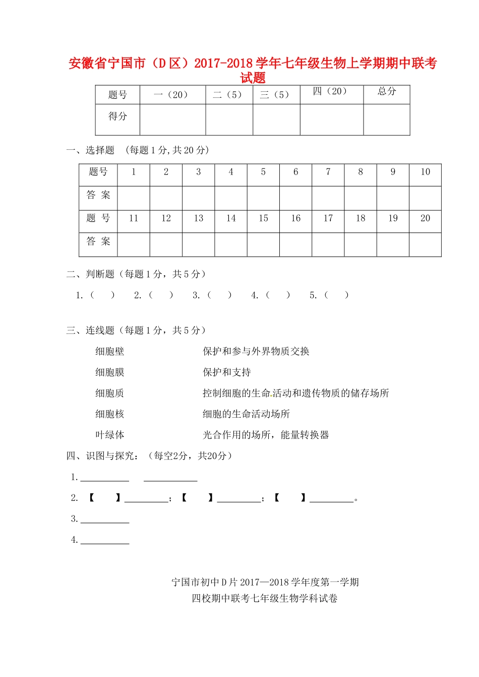 安徽省宁国市(D区)七年级生物上学期期中联考试卷 新人教版试卷_第1页