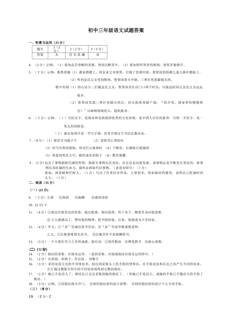 初三语文试题参考答案 黑龙江省大庆油田教育中心九年级语文第二学期期末检测试题_第1页