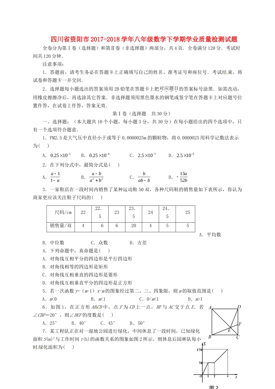 四川省资阳市 八年级数学下学期学业质量检测试卷 新人教版试卷_第1页
