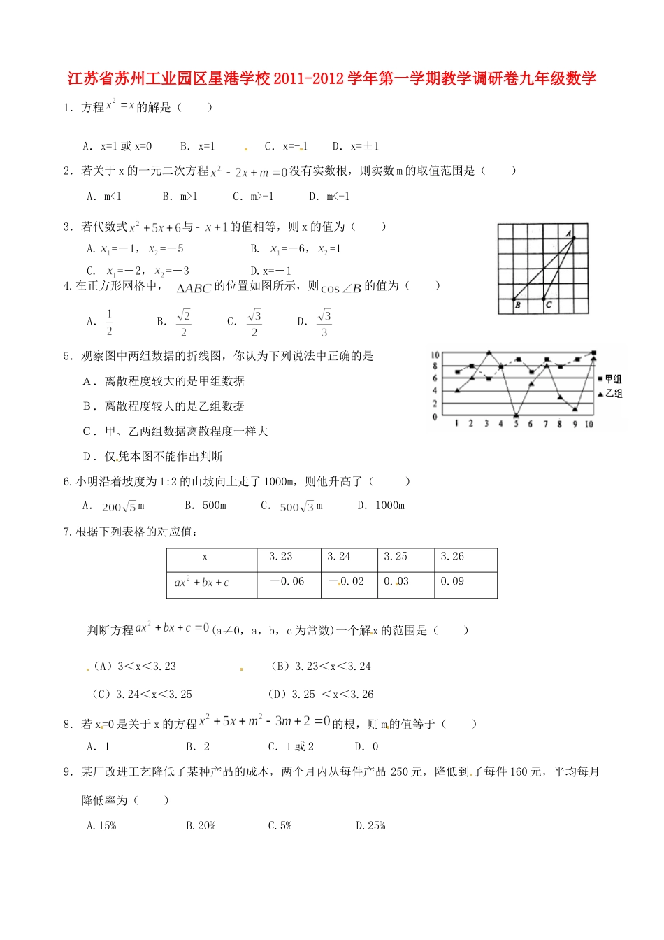 九年级数学上学期教学调研试卷_第1页