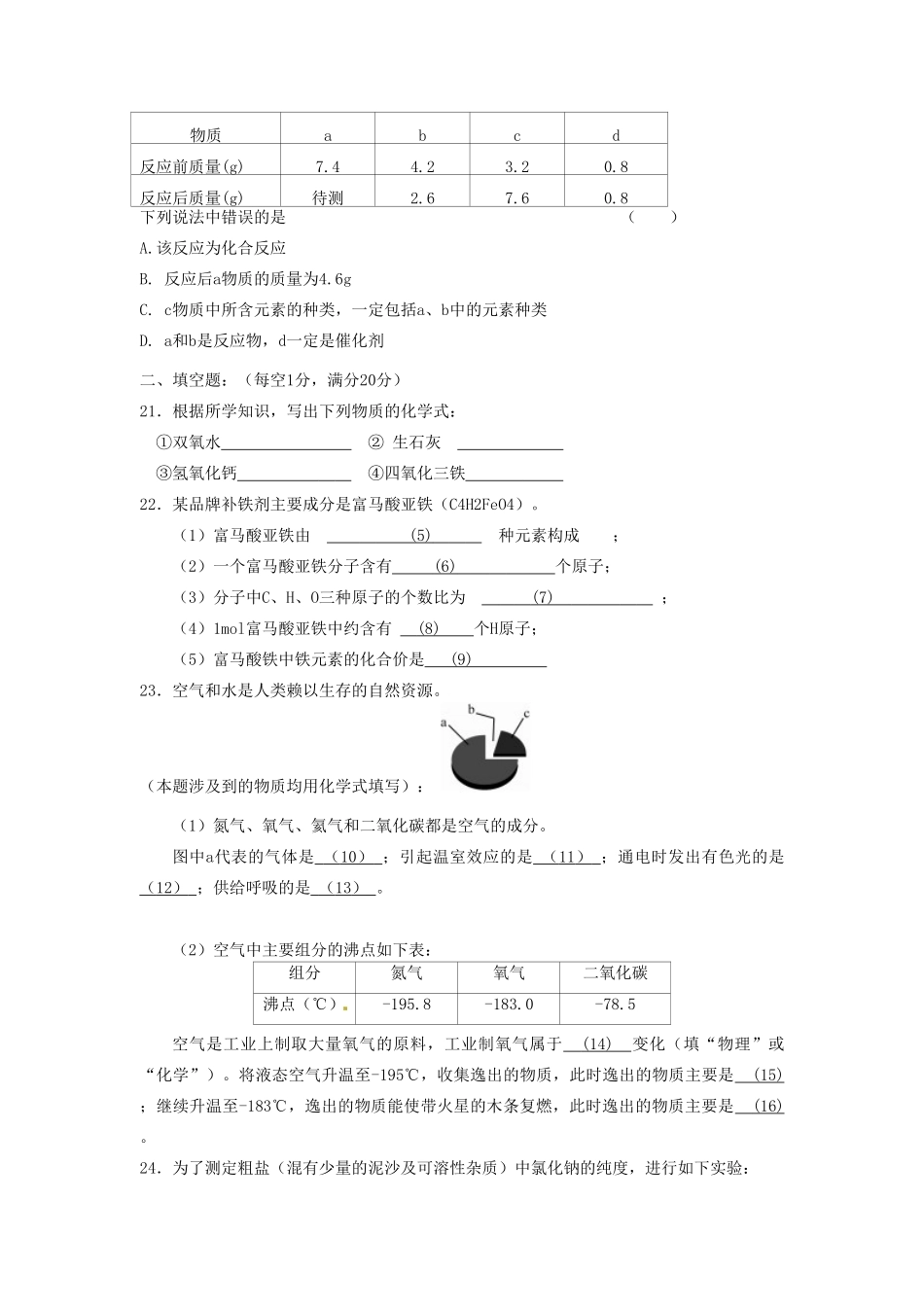 九年级化学上学期期中阶段质量调研试卷 沪教版试卷_第3页