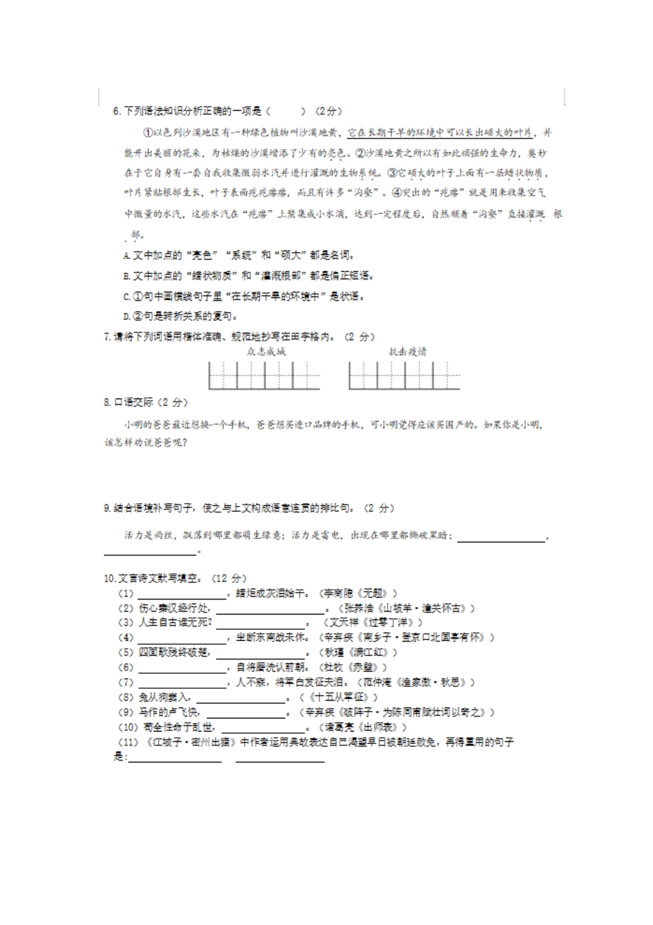 中考语文综合学习评价与检测试卷试卷_第2页