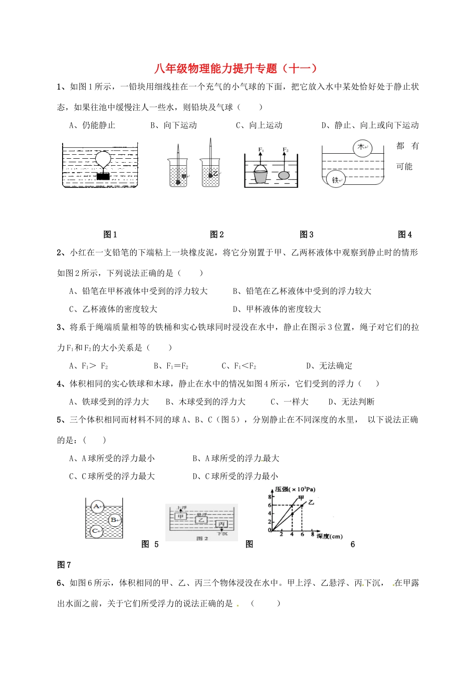 四川省南江县 八年级物理下学期能力提升专项训练(十一)(新版)新人教版试卷_第1页
