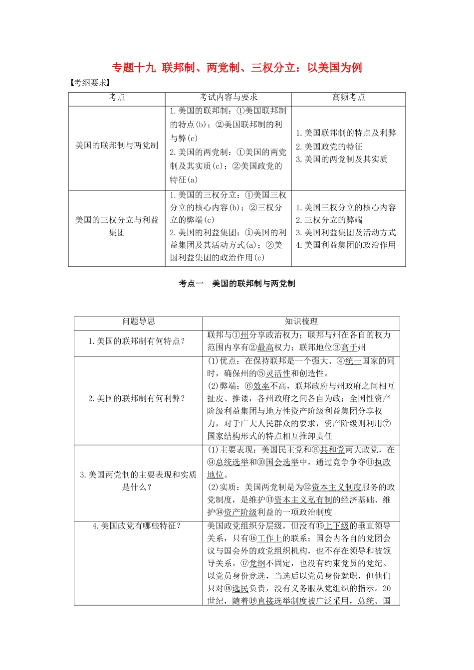 （浙江专用）高考政治二轮复习 专题十九 联邦制、两党制、三权分立：以美国为例 考点一 美国的联邦制与两党制试题-人教版高三全册政治试题_第1页