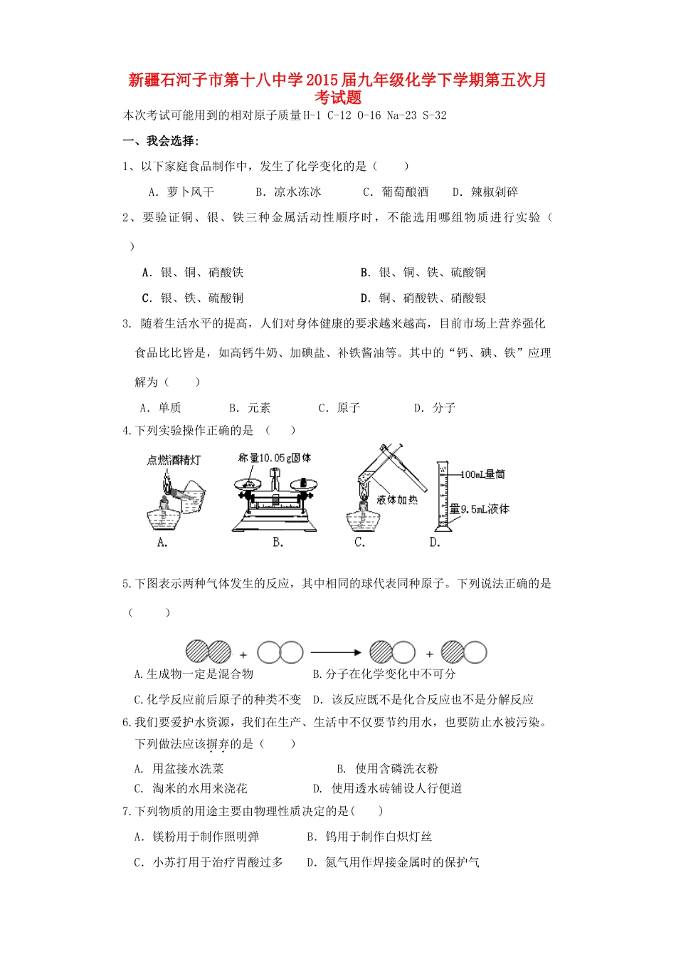 九年级化学下学期第五次月考试卷试卷_第1页