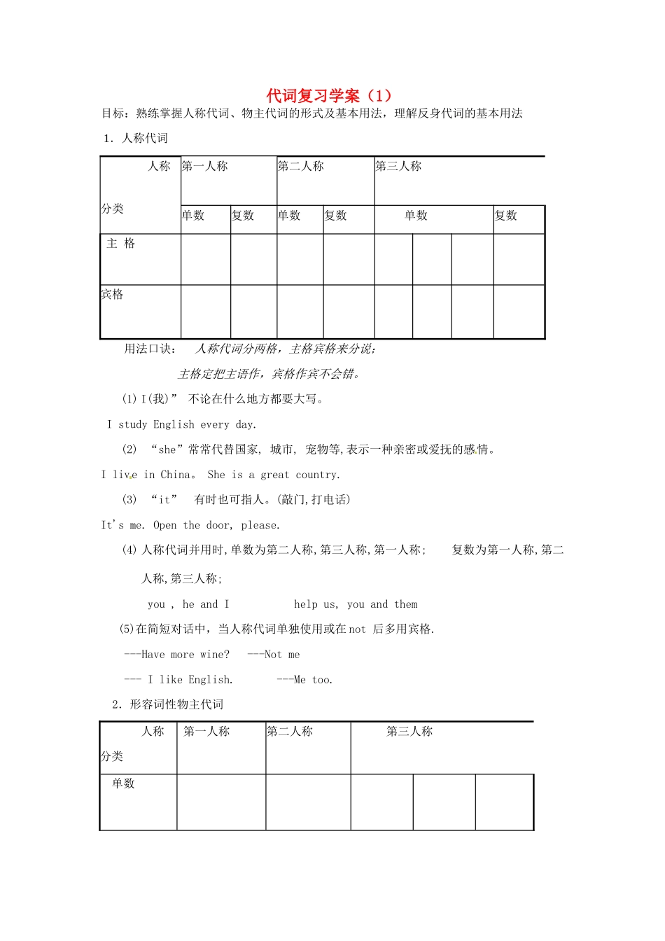 中考英语 代词词汇复习试卷_第1页