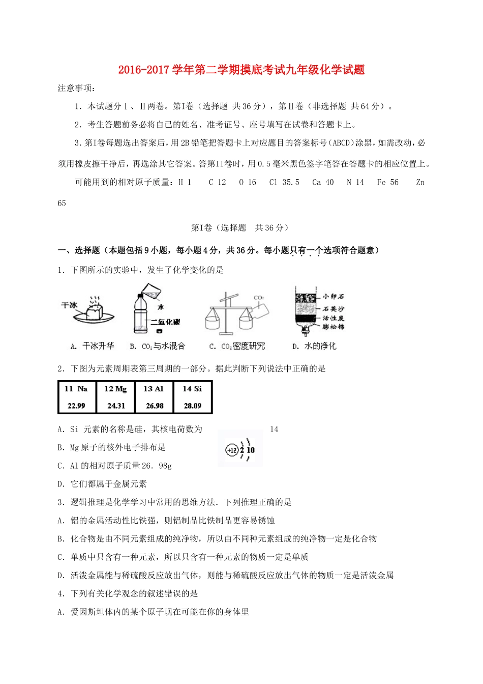 九年级化学下学期摸底考试试卷试卷_第1页