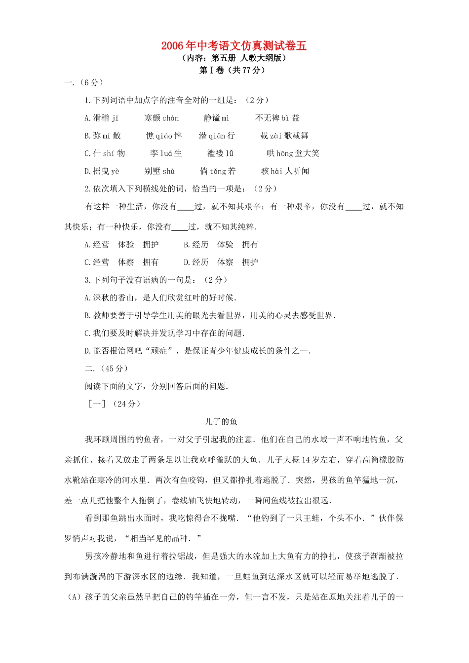 中考语文仿真测试卷五 人教版试卷_第1页