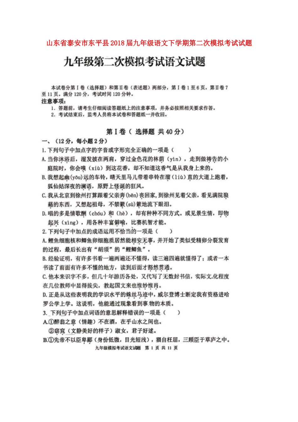 山东省泰安市东平县九年级语文下学期第二次模拟考试试卷试卷_第1页