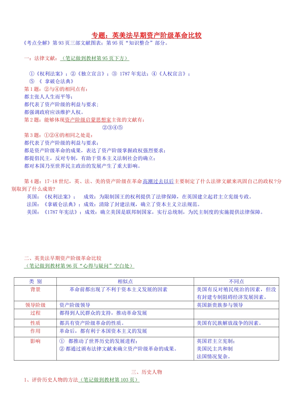 九年级历史上册 专题英美法早期资产阶级革命比较 北师大版试卷_第1页