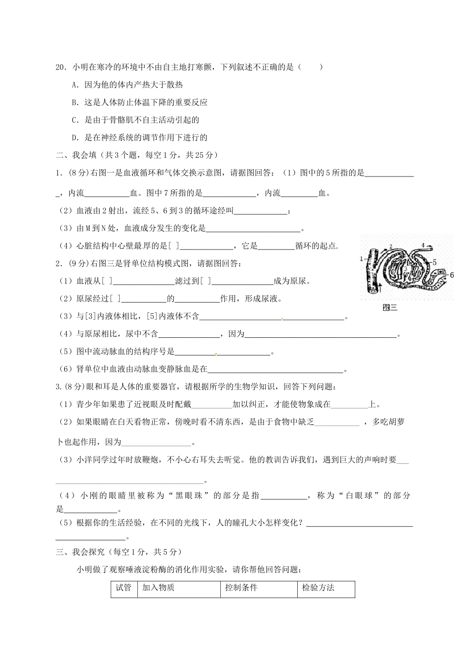 山东省七年级生物下学期第二次月考试卷 新人教版试卷_第3页