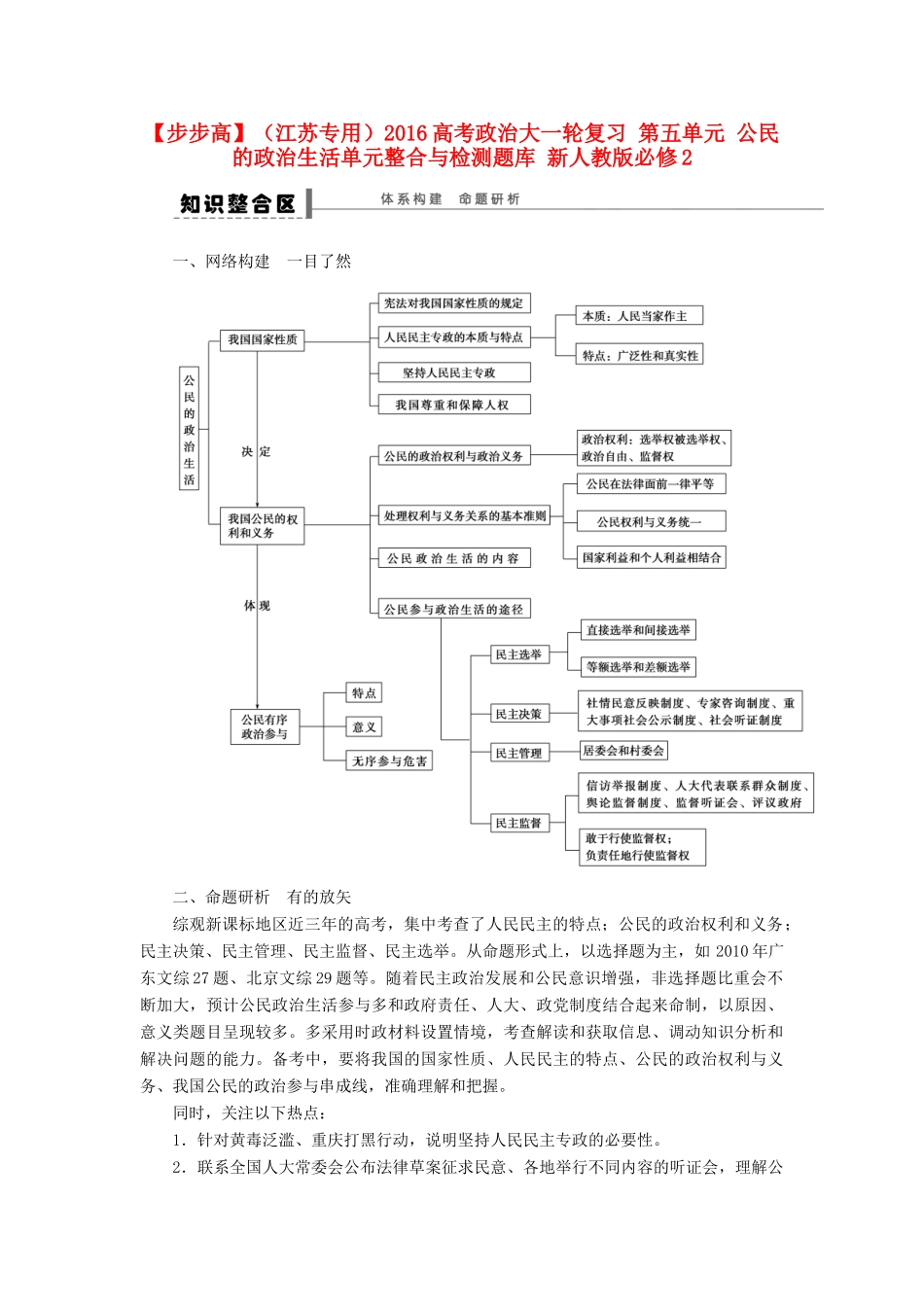 （江苏专用）高考政治大一轮复习 第五单元 公民的政治生活单元整合与检测题库 新人教版必修2-新人教版高三必修2政治试题_第1页