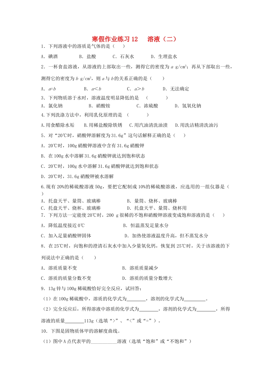 九年级寒假作业化学试卷(12) 新人教版试卷_第1页