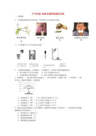 中考物理专题训练 大气压强 流体压强和流速的关系试卷