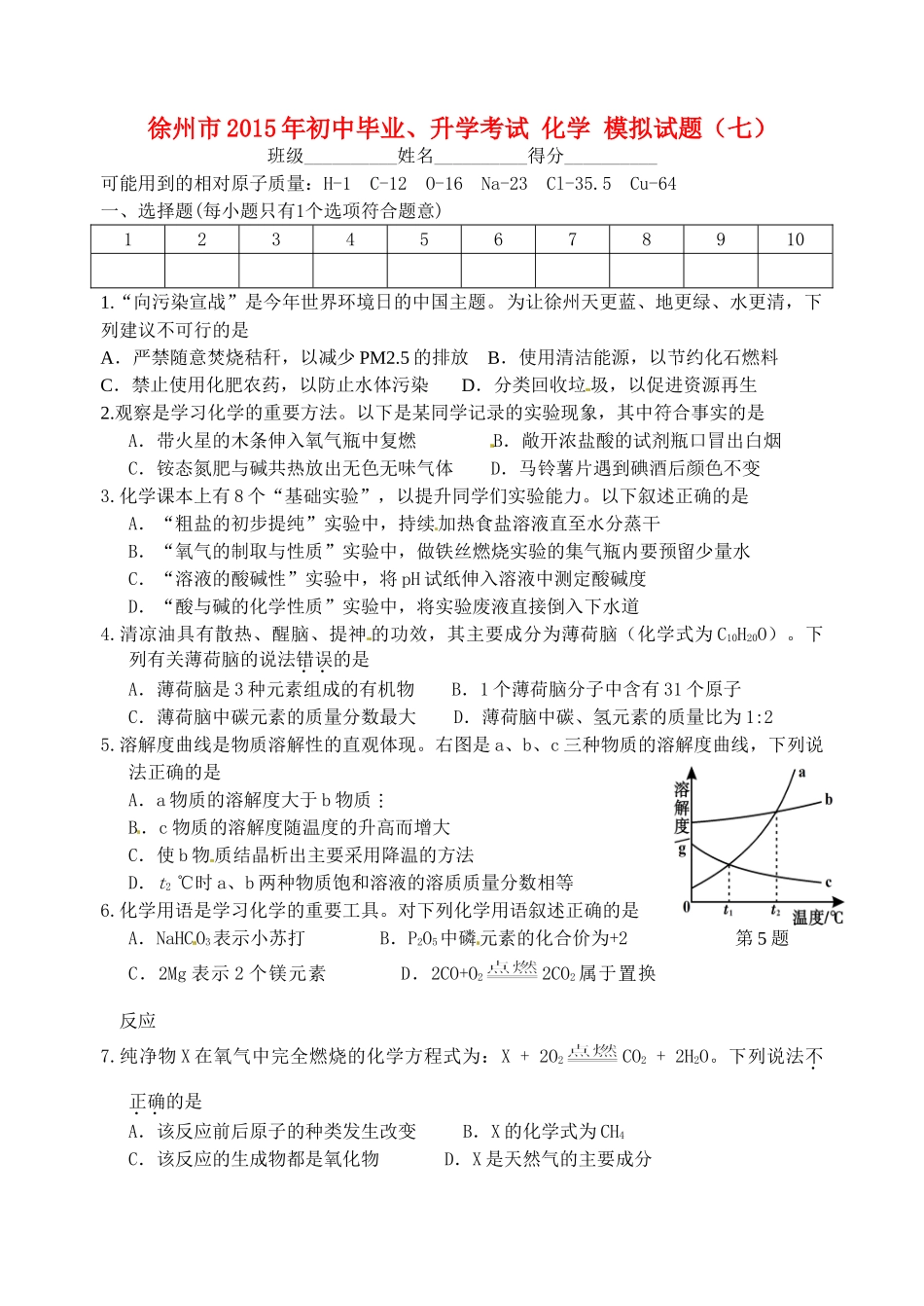 初中化学毕业升学模拟考试试题(七)(无答案) 试题_第1页