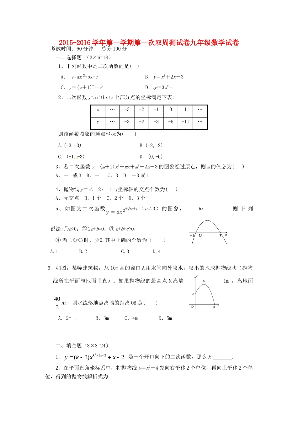 九年级数学上学期第一次双周测试试卷 苏科版试卷_第1页