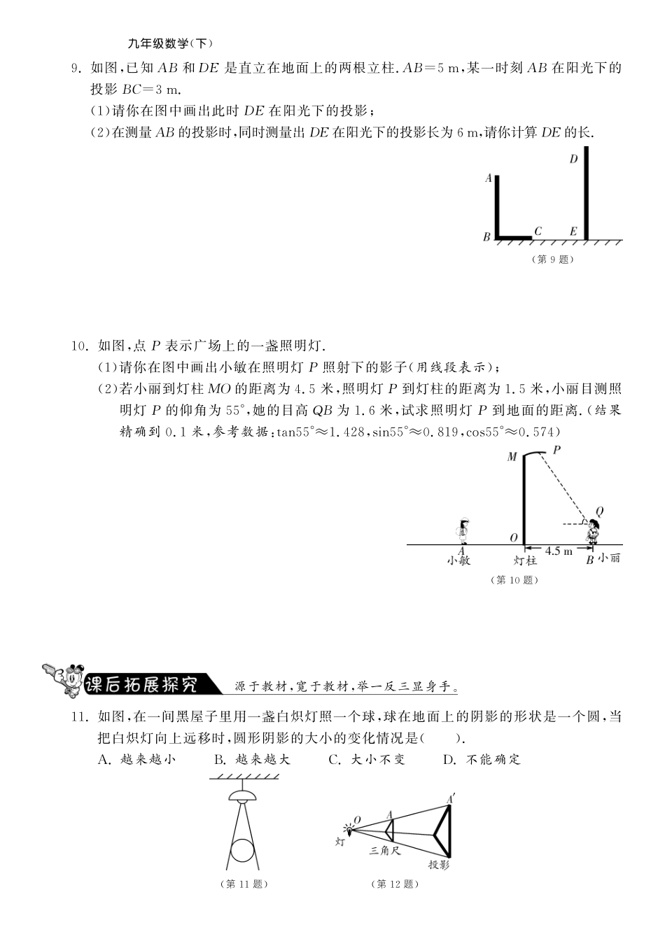 九年级数学下册 2911中心投影与平行投影测试卷(pdf) 新人教版试卷_第2页