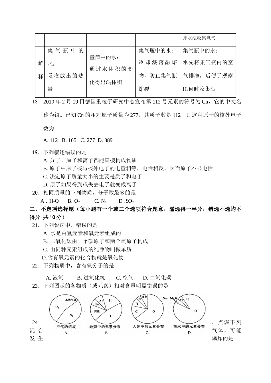 九年级化学第一学期期中考试无答案)人教新课标版试卷_第3页