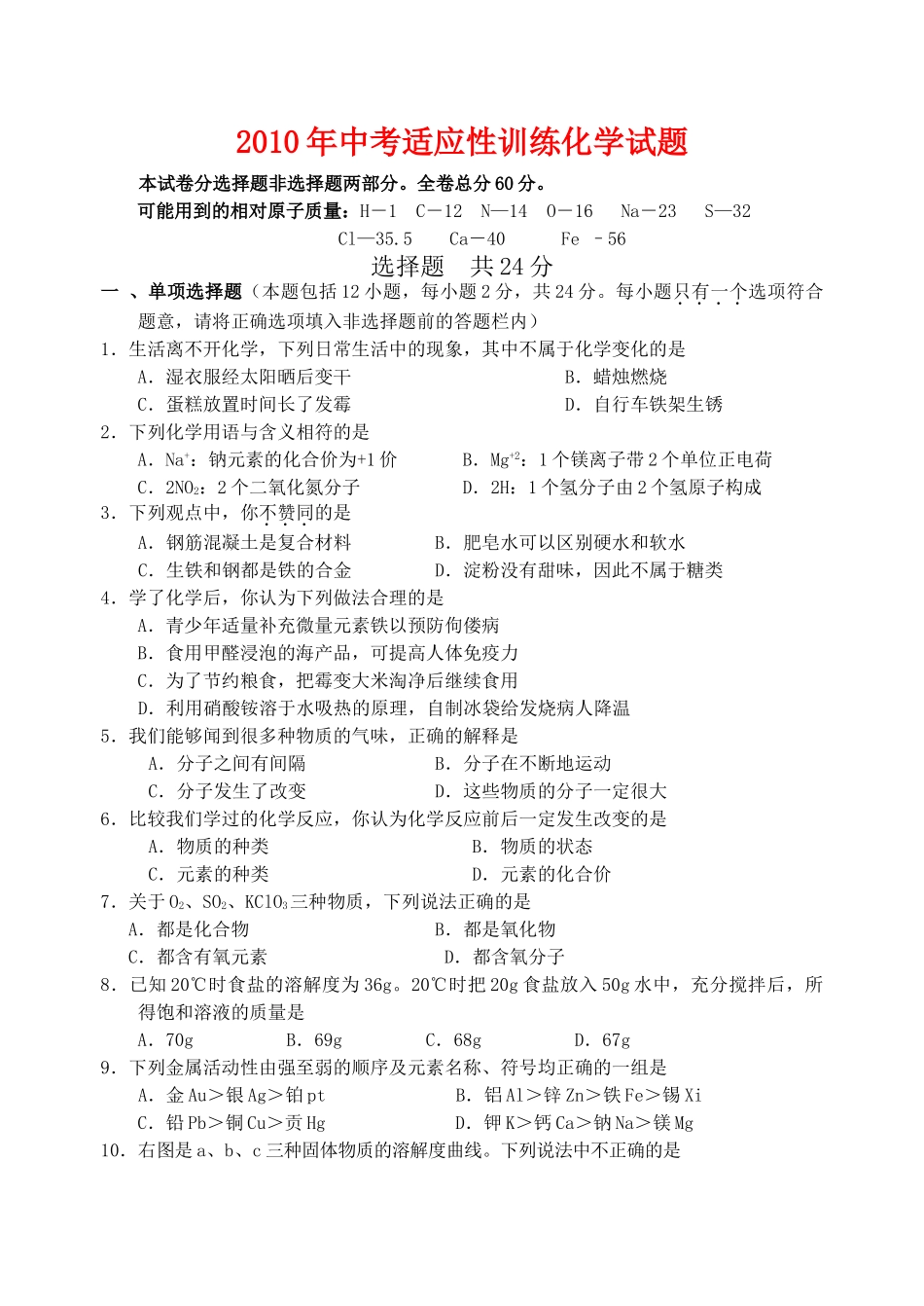 中考适应性训练化学试卷_第1页