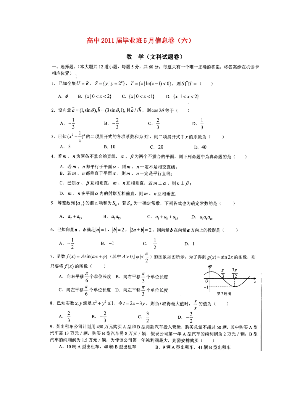 四川省高三数学毕业班5月信息卷(六) 文试卷_第1页