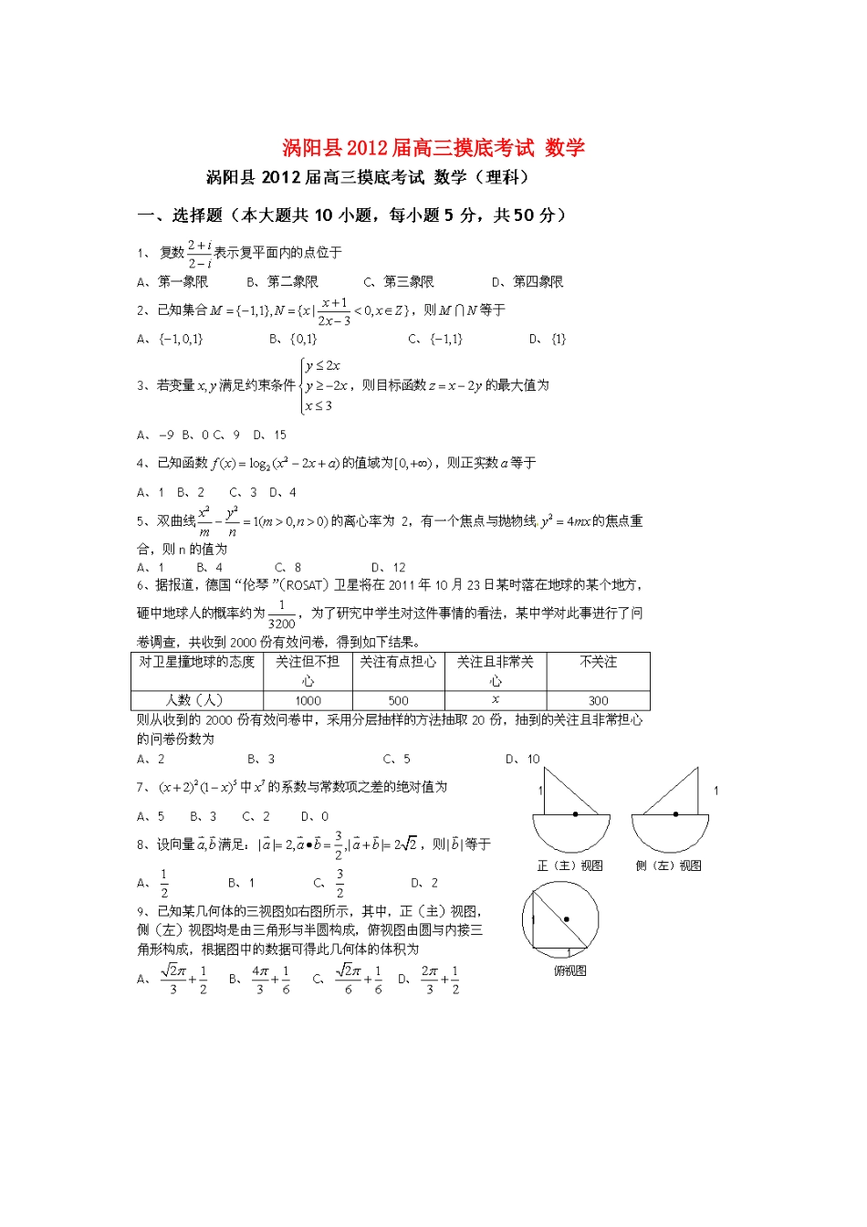 安徽省涡阳县高三数学摸底考试 理科试卷_第1页