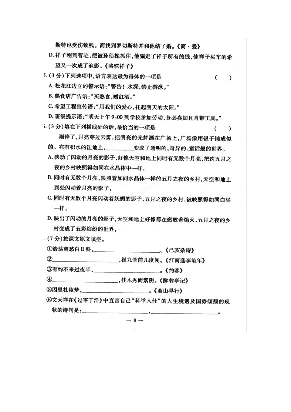 中考语文基础模拟试卷4(扫描版，无答案)试卷_第2页
