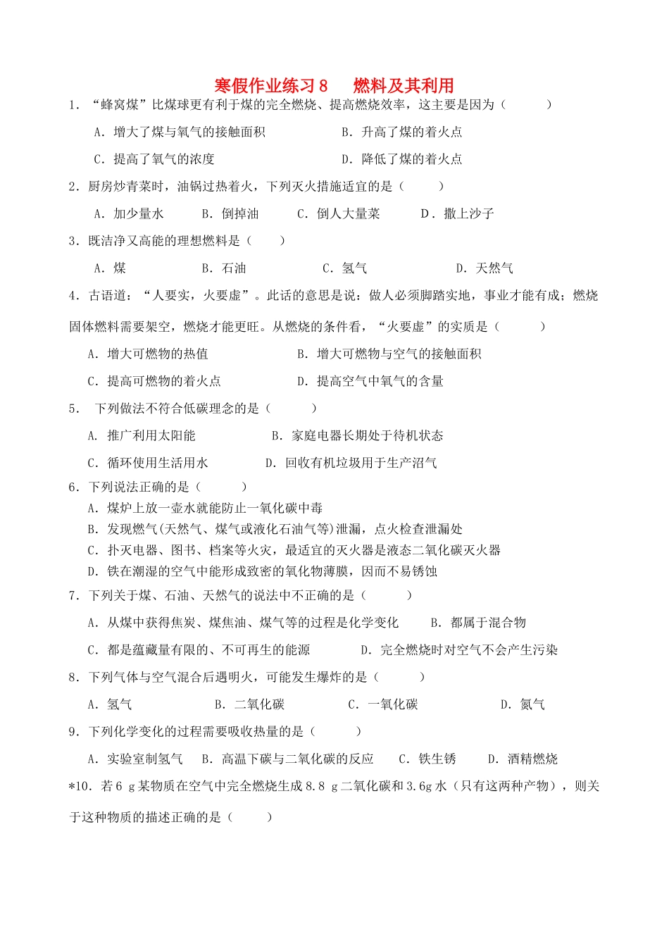 九年级寒假作业化学试卷(8) 新人教版试卷_第1页