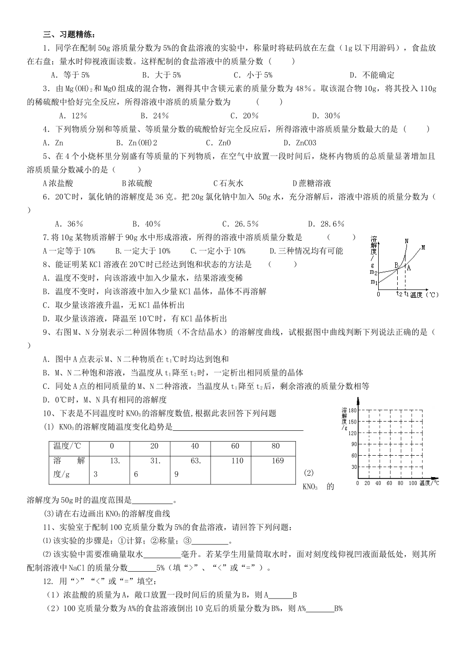 九年级化学专题复习资料五 有关溶液的知识试卷_第2页