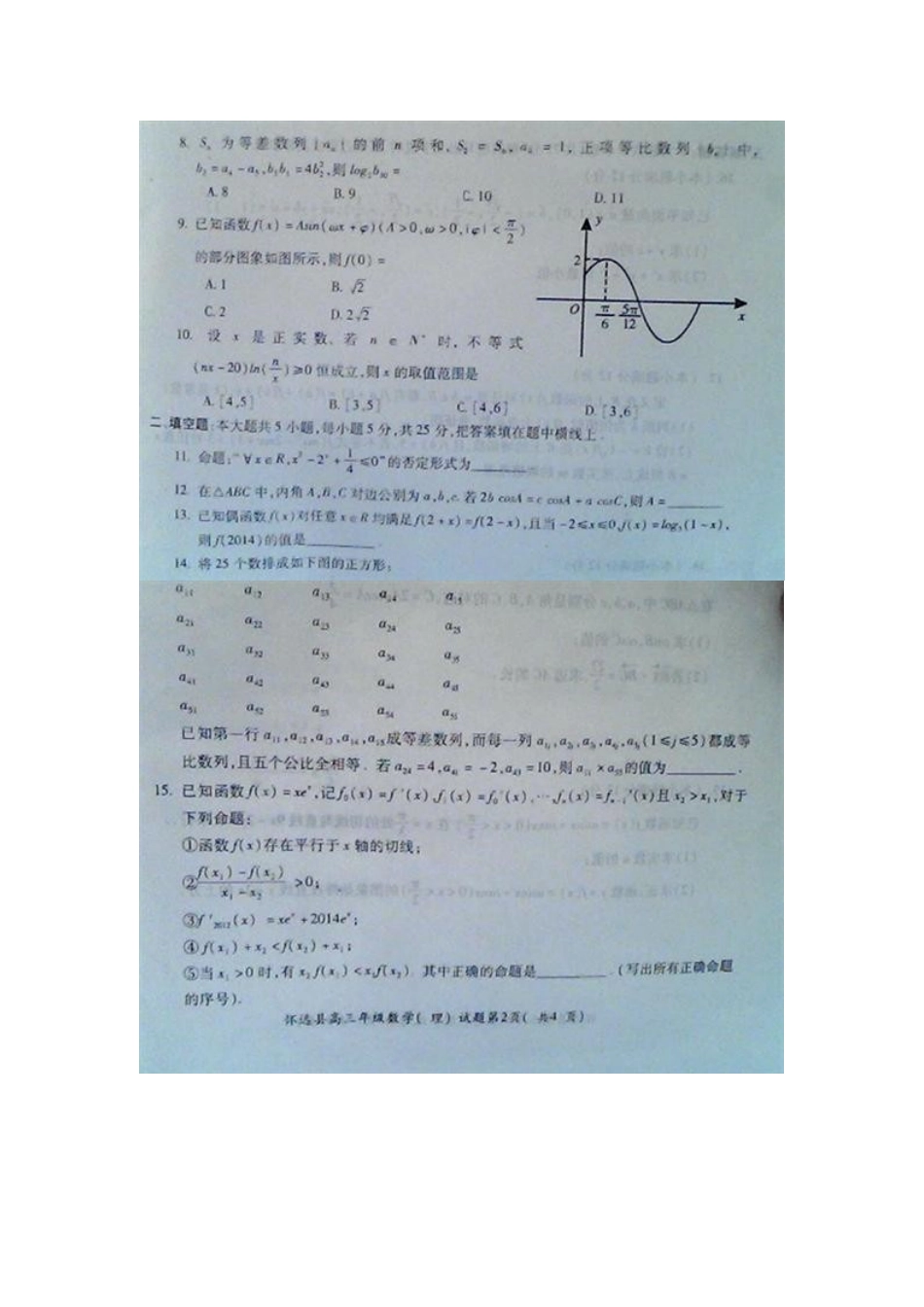 安徽省怀远县高三数学上学期摸底统考试卷 理(扫描版)新人教A版试卷_第2页