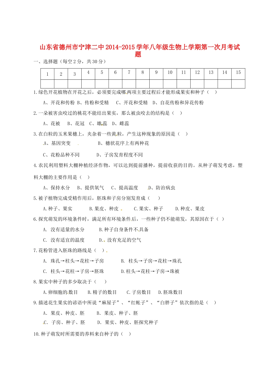 山东省德州市宁津二中八年级生物上学期第一次月考试卷 新人教版试卷_第1页