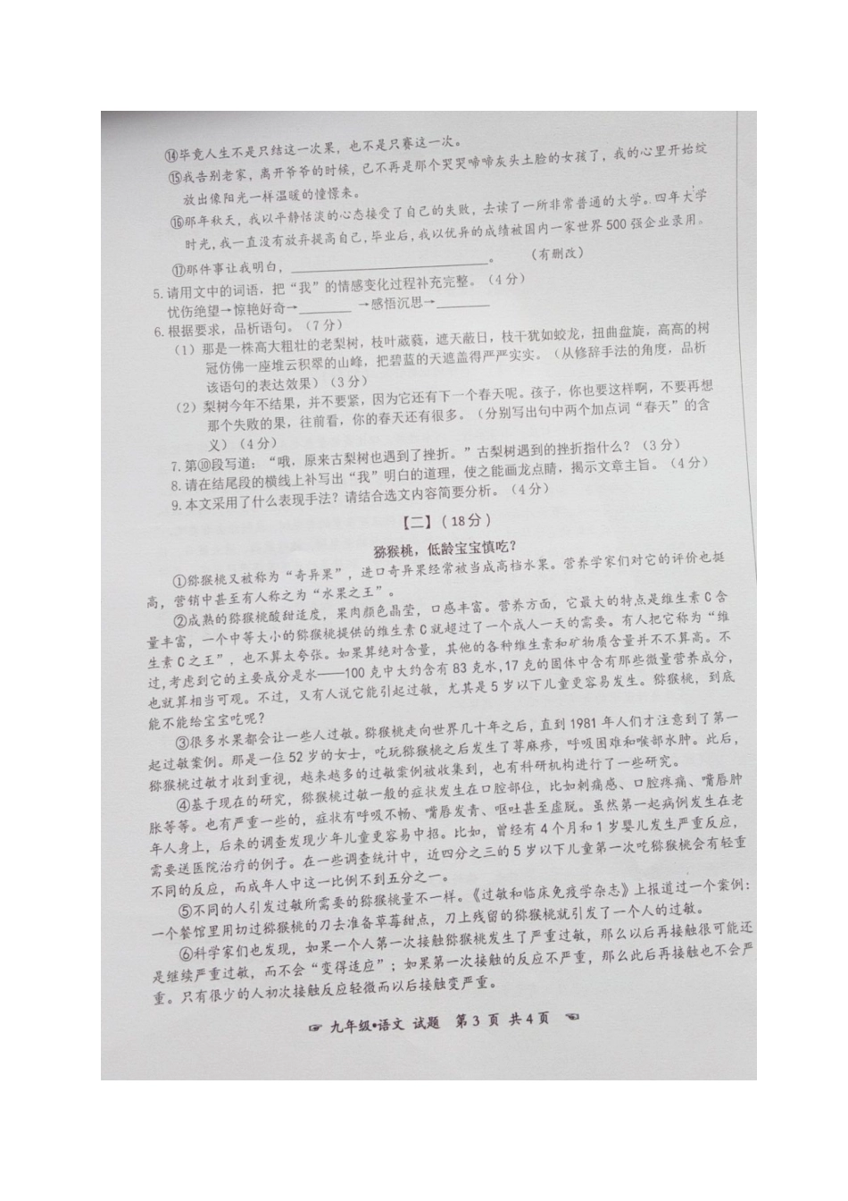 安徽省毫州市利辛县九年级语文下学期第一次联考试卷试卷_第3页