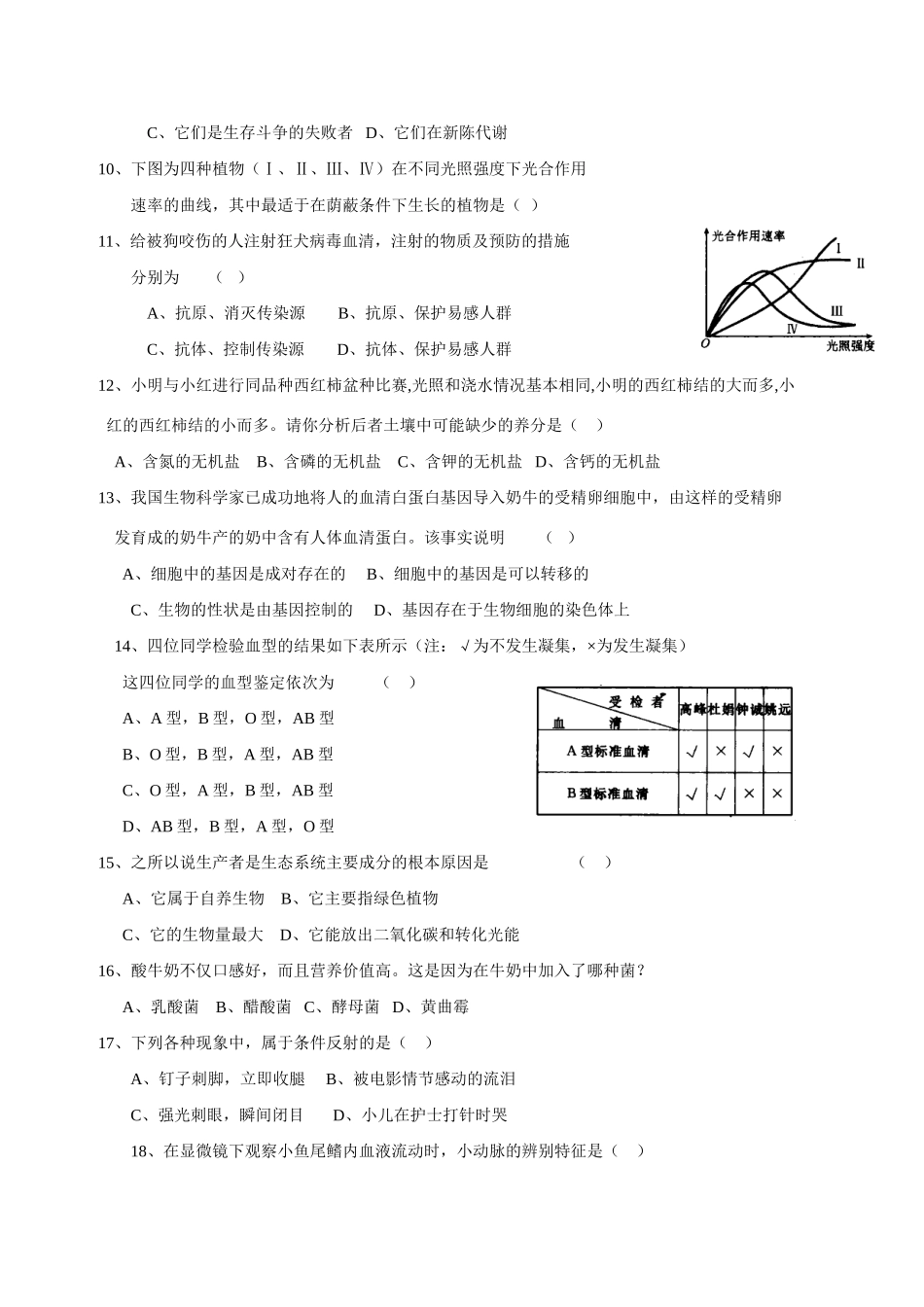 初中科学(科学)总复习综合卷(生命部分四) 试题_第2页