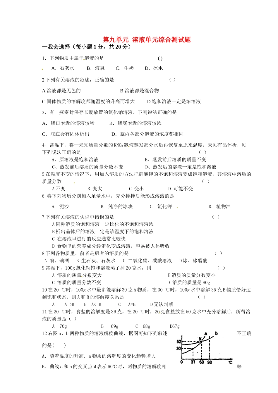 九年级化学下册 第九单元 溶液单元综合测试卷 新人教版试卷_第1页