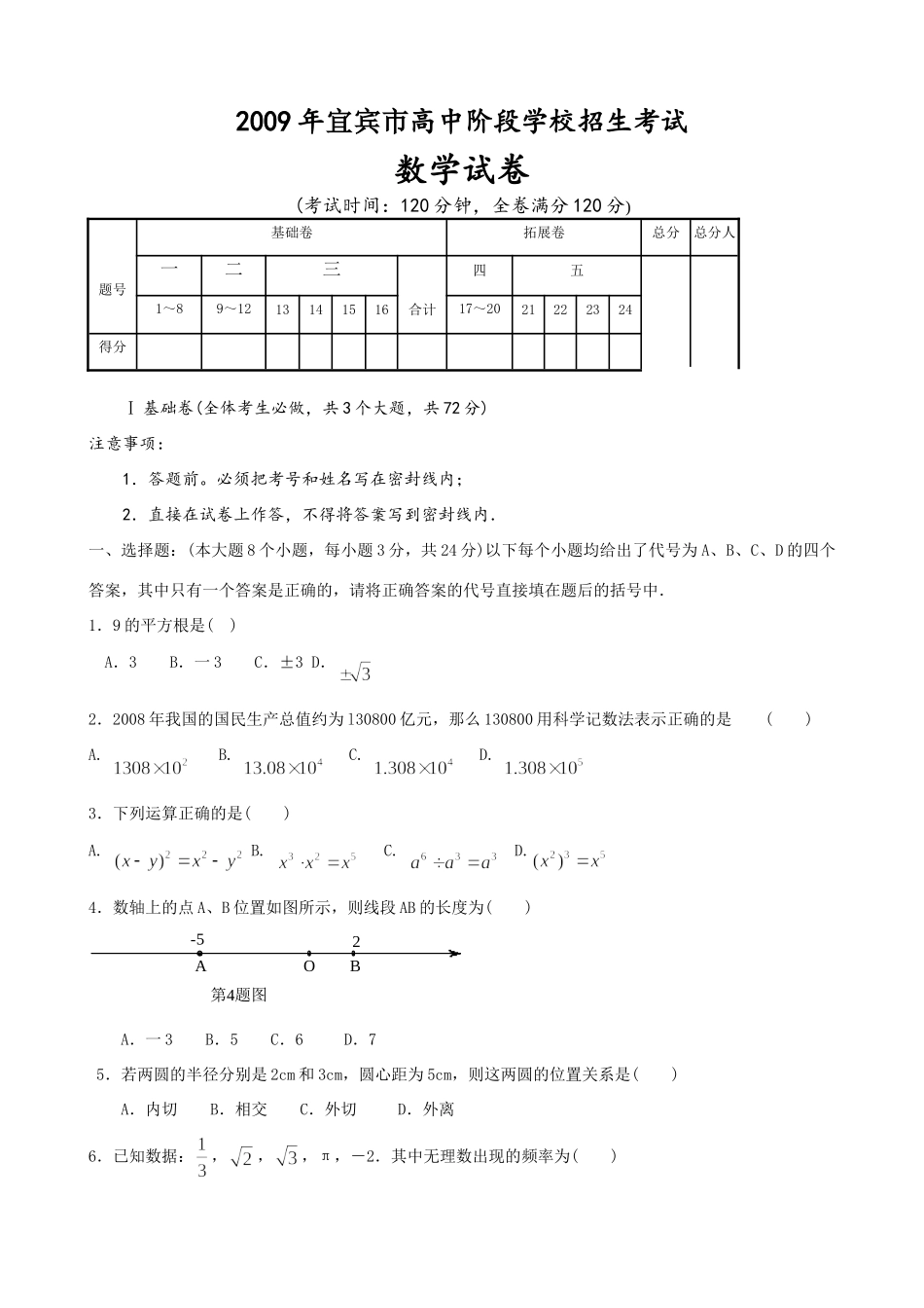 四川宜宾中考数学试卷 四川省13市_第1页