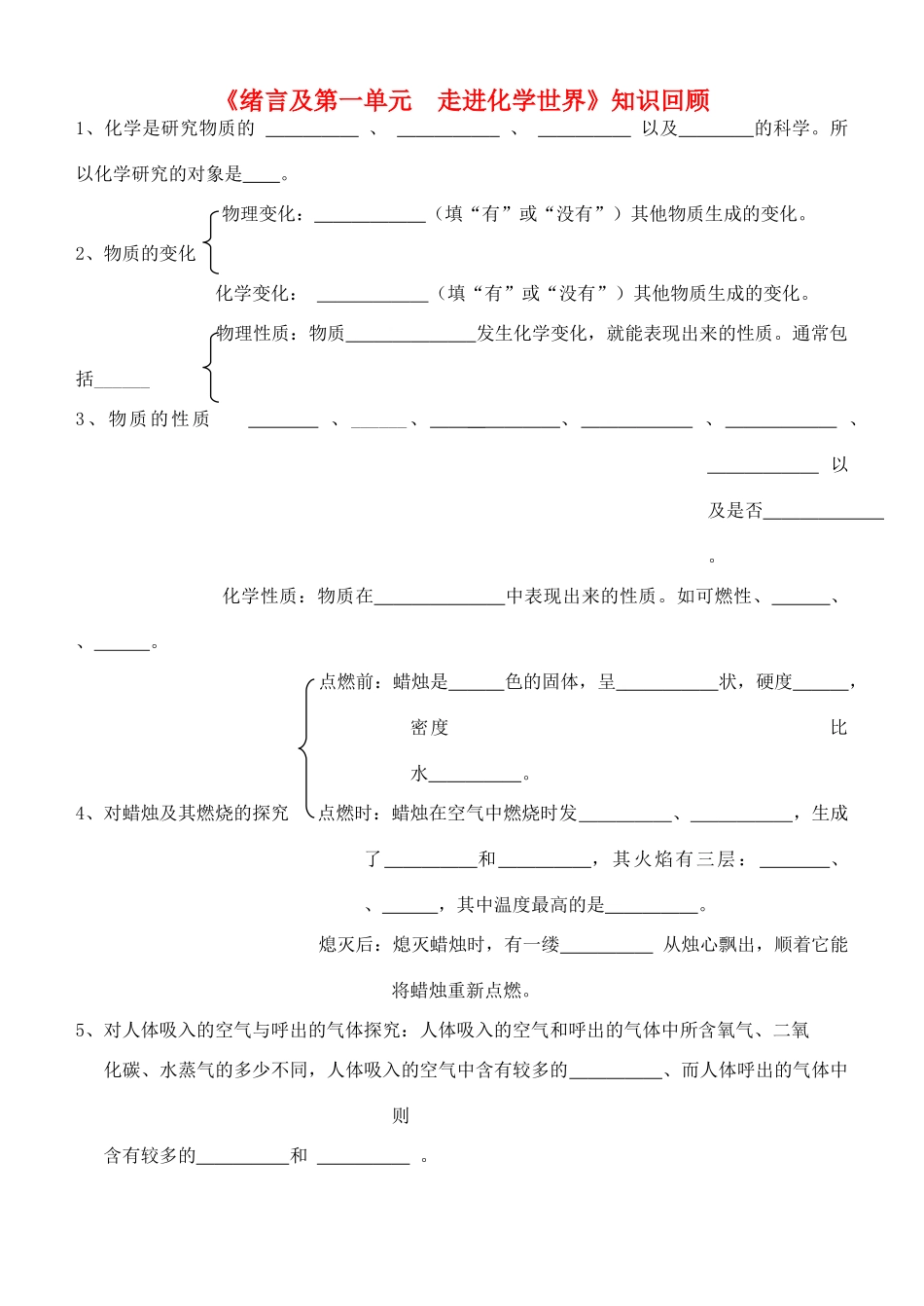 九年级化学上册 (绪言及第一单元  走进化学世界)知识回顾 人教新课标版试卷_第1页