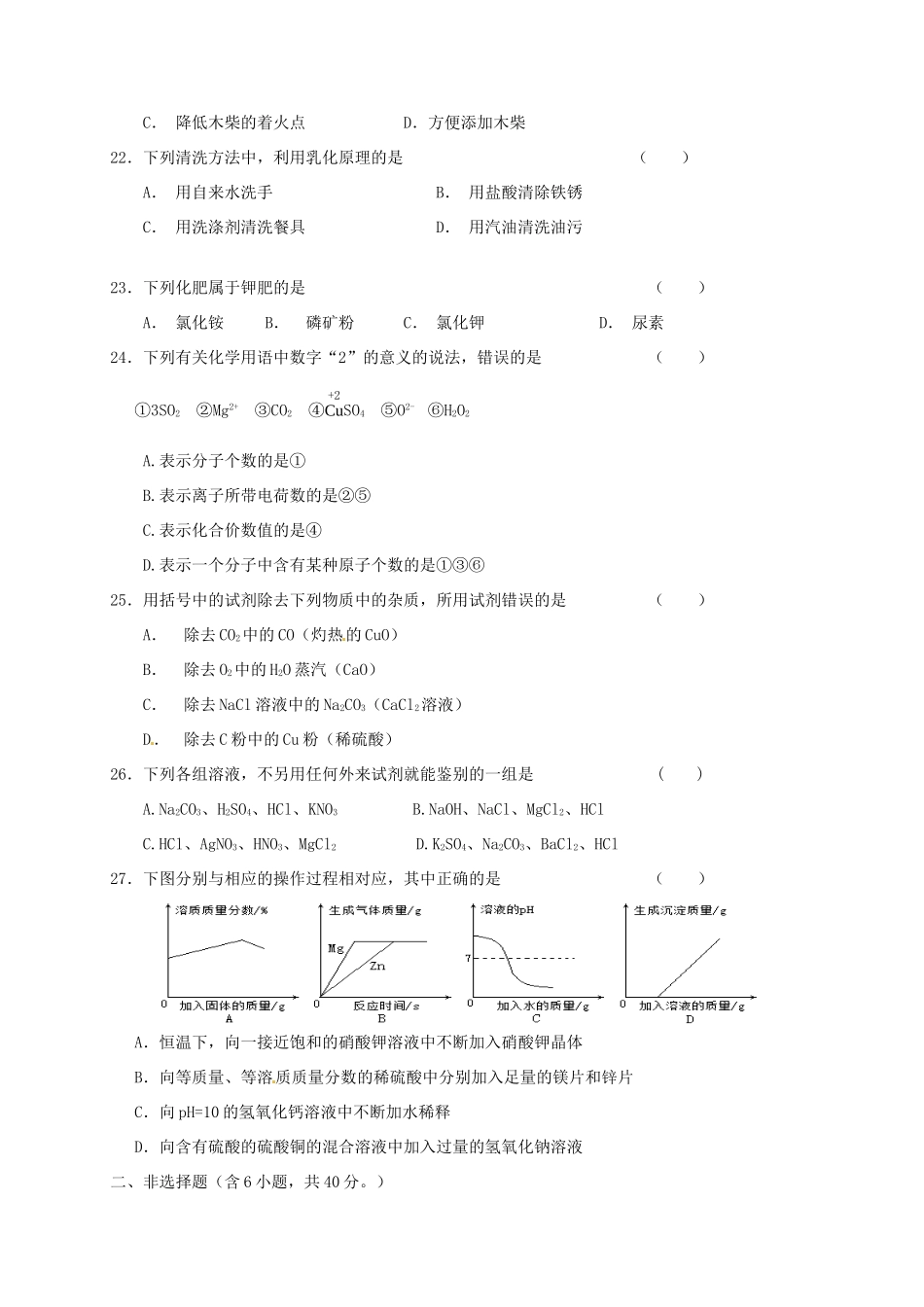 九年级化学下学期第一次调研考试试卷 新人教版试卷_第2页