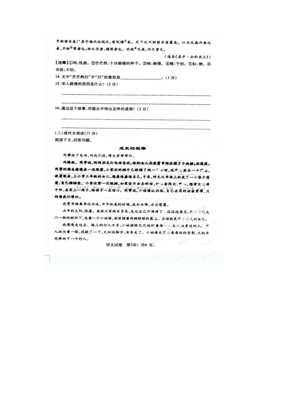 吉林省镇赉县七年级语文下学期第一次月考试卷_第3页